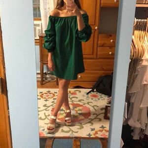 Off the shoulder emerald green shift dress